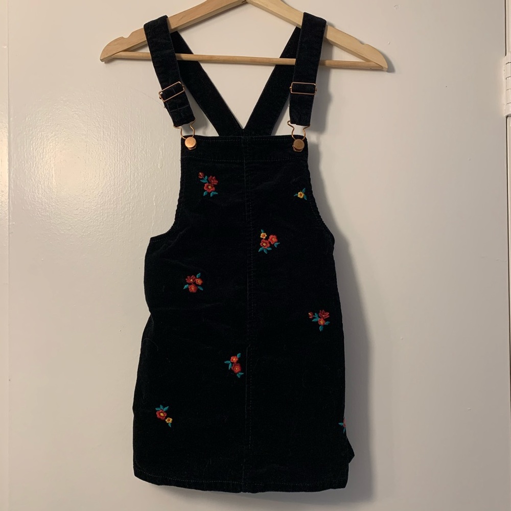 Girls corduroy black floral overall dress M
